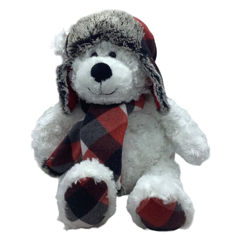 HugFun Polar Teddy Bear Plaid Trapper Hat Scarf Soft Stuffed Plush 16" Christmas
